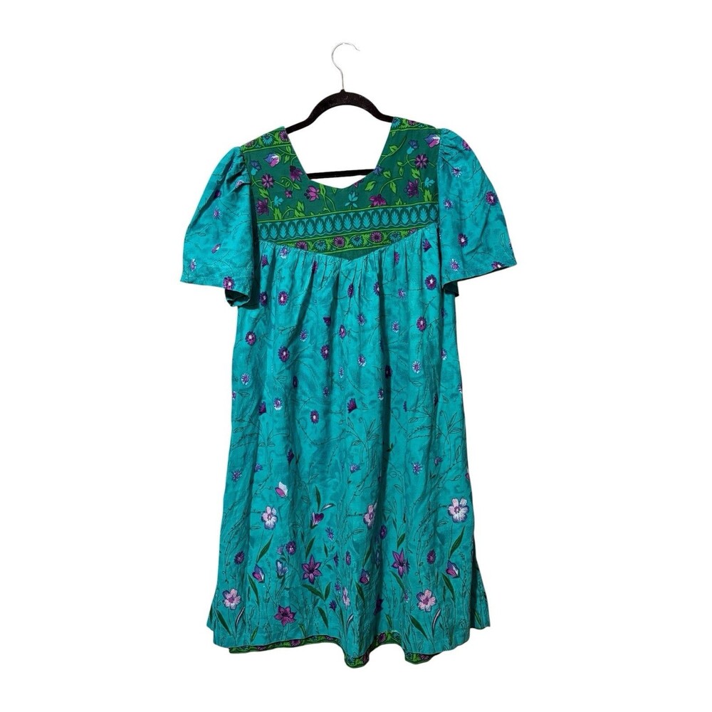 Fundamentals Cotton Floral Dress Teal Puff Sleeve Cottagecore Medium - Picture 2 of 4
